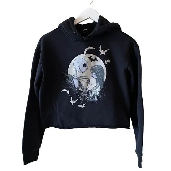 Disney Tops - Disney Nightmare Before Christmas  Black  Raw Hem Cropped Jack Sally Hoodie SZ S